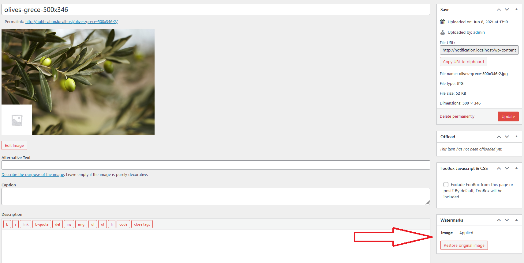 Restore original image button in WordPress attachment details