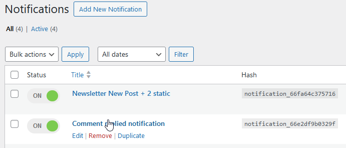 Notification plugin edit interface showing email carrier configuration